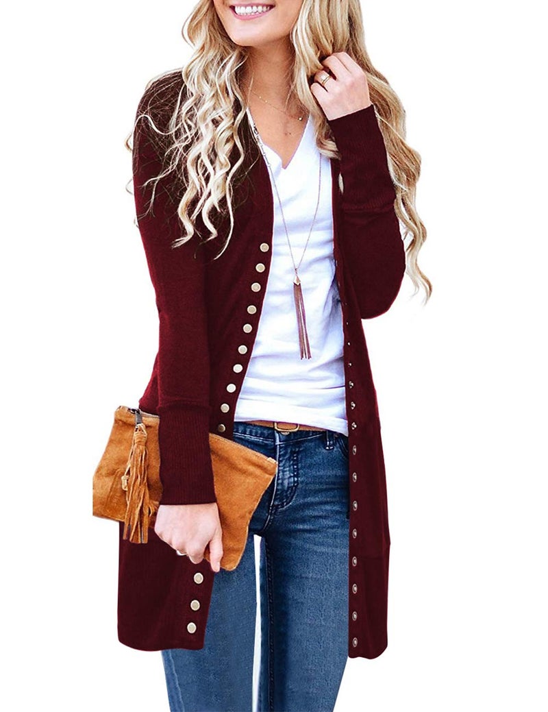 MEROKEETY Women's 2026 Spring Long Sleeve Cardigan Sweater Lightweight Snap Button Down Open Front Casual Outfit, Wine, XXL - Image 1